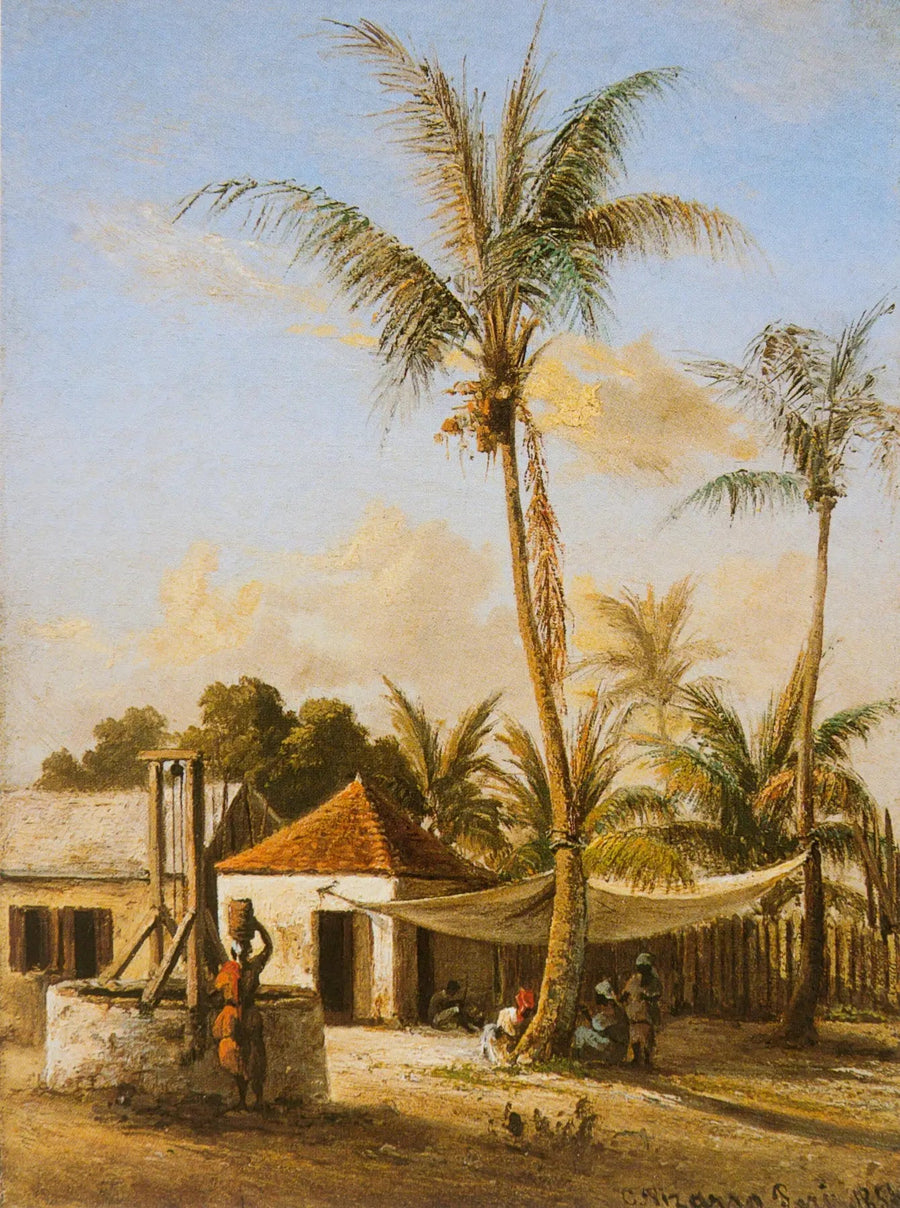 Hahmo lepäämässä kylässä kaivon lähellä - Camille Pissarro
