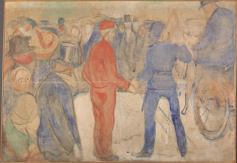 Ihmiset kokoontuvat punapukuisen miehen ympärille - Edvard Munch