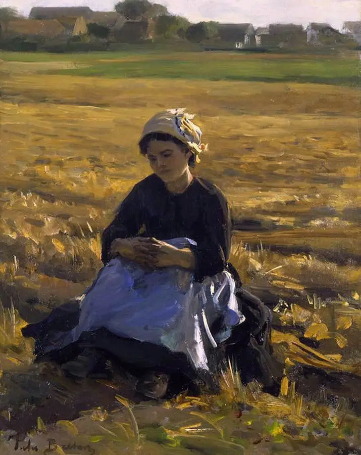 Pieni keräilijä istuu pellolla - Jules Breton