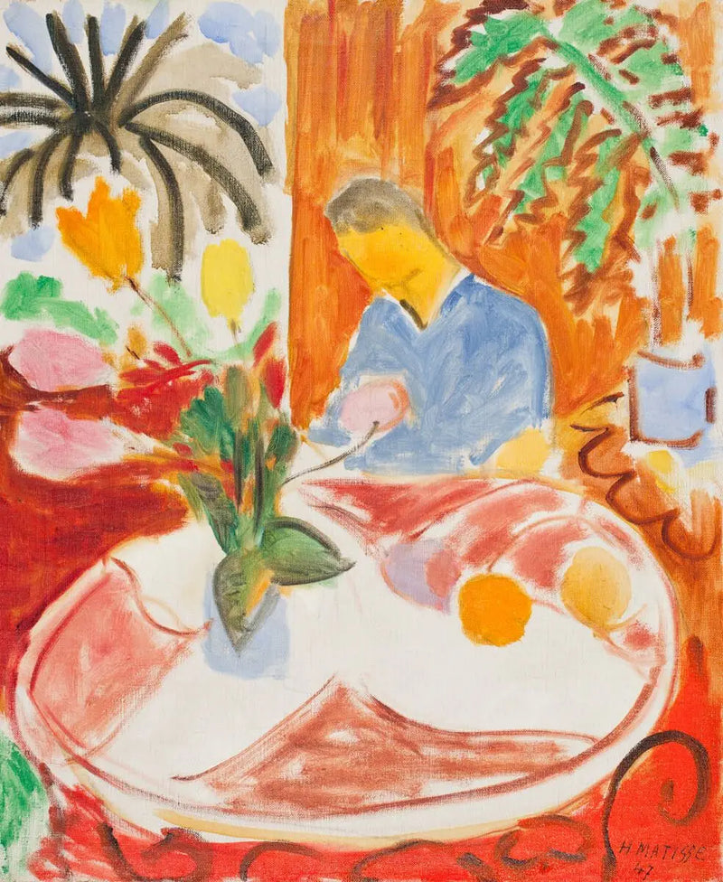 Pieni Sisustus Pyöreällä Marmorpöydällä, Palmupuu ja Hahmo - Henri Matisse