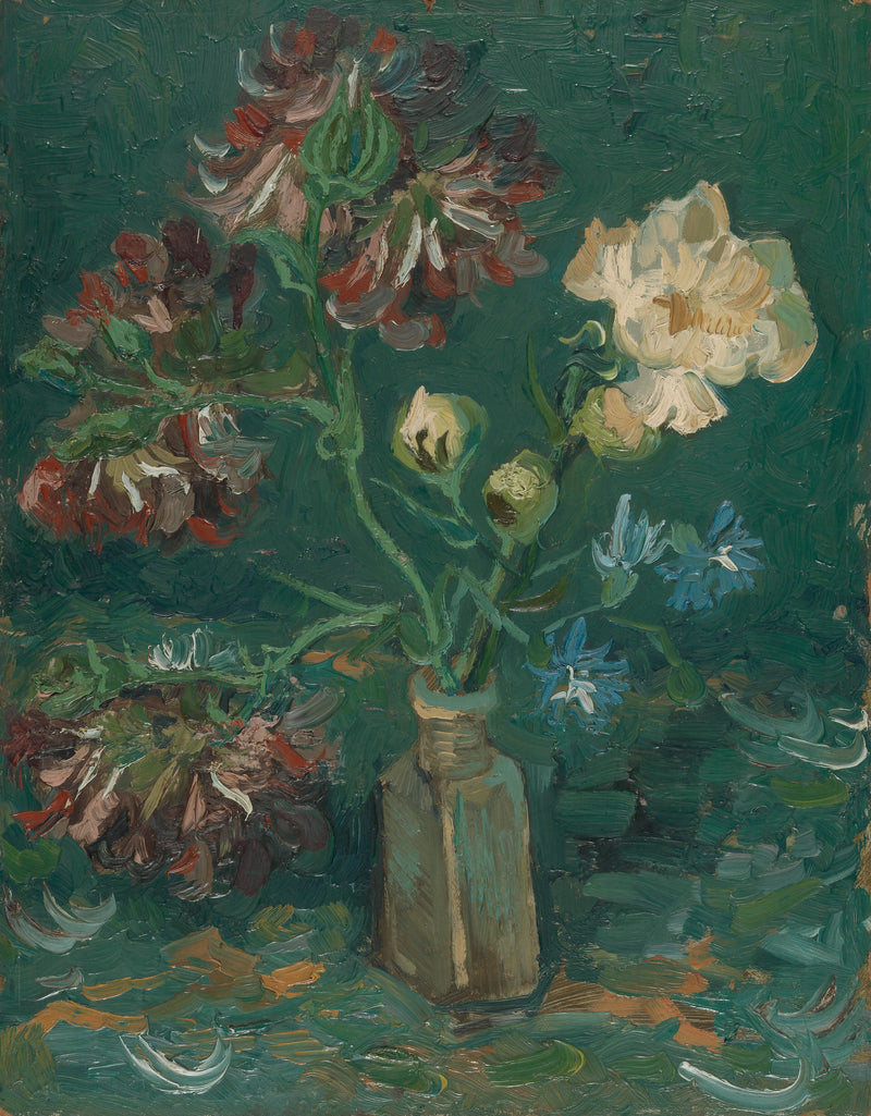 Pieni pullo pionien ja sinisten delphiniumien kanssa - Vincent van Gogh