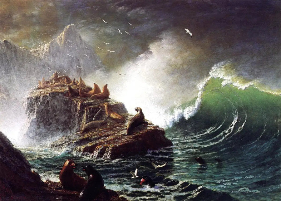 Hylkeet kallioilla, Farallon-saaret - Albert Bierstadt