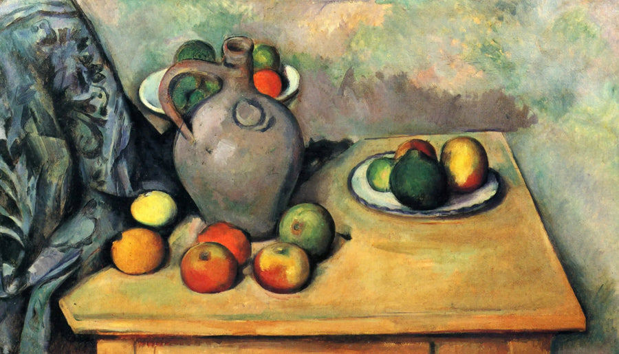 Kannun ja hedelmien asetelma pöydällä - Paul Cézanne
