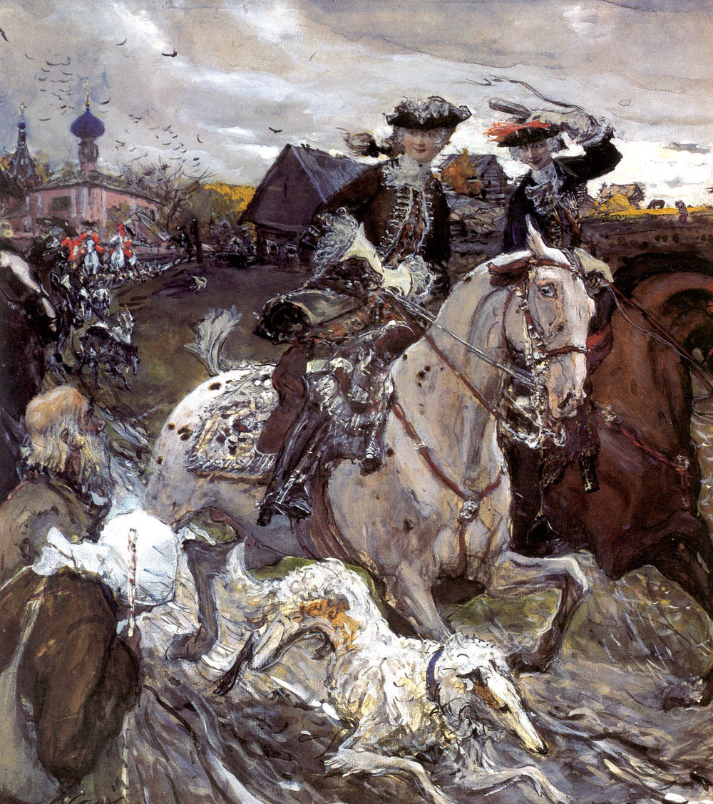 Pietari II ja prinsessa Elisabet Petrovna metsästävät koirien kanssa - Valentin Serov