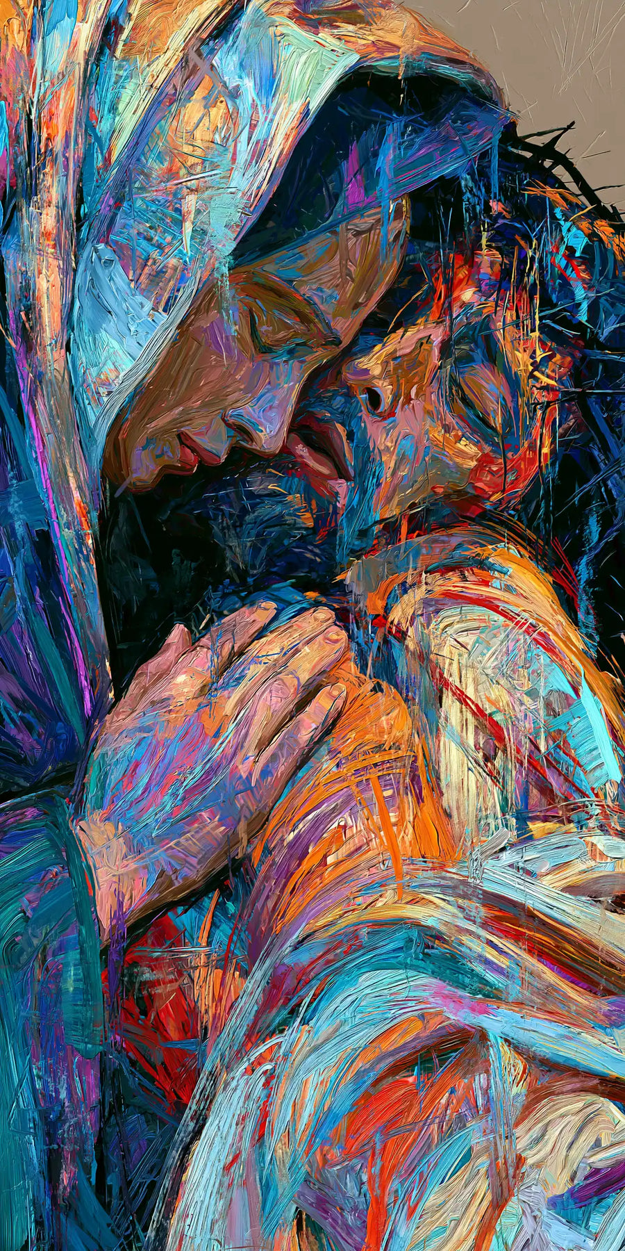 Pietà verticale aux mains réunies — bleu, corail et ambre