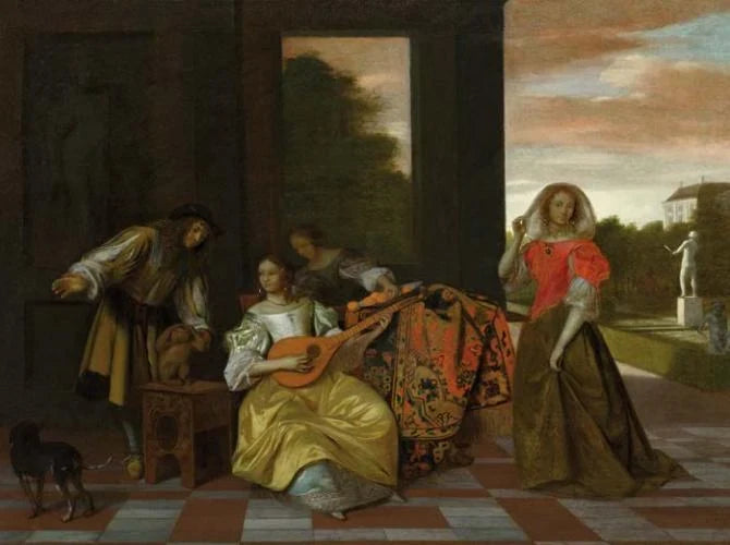 Joyeuse compagnie avec un singe sur une terrasse, peinture de Pieter de Hooch