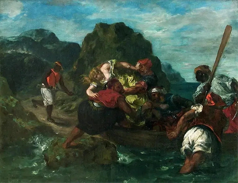 Afrikkalaiset merirosvot kaappaamassa nuorta naista - Eugène Delacroix