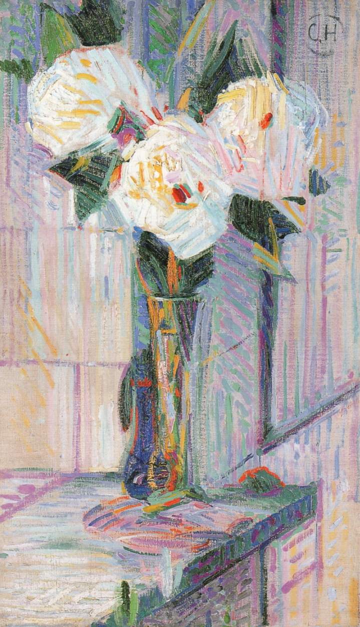 Pivoines blanches dans un vase de verre par Curt Herrmann, peinture de pivoines