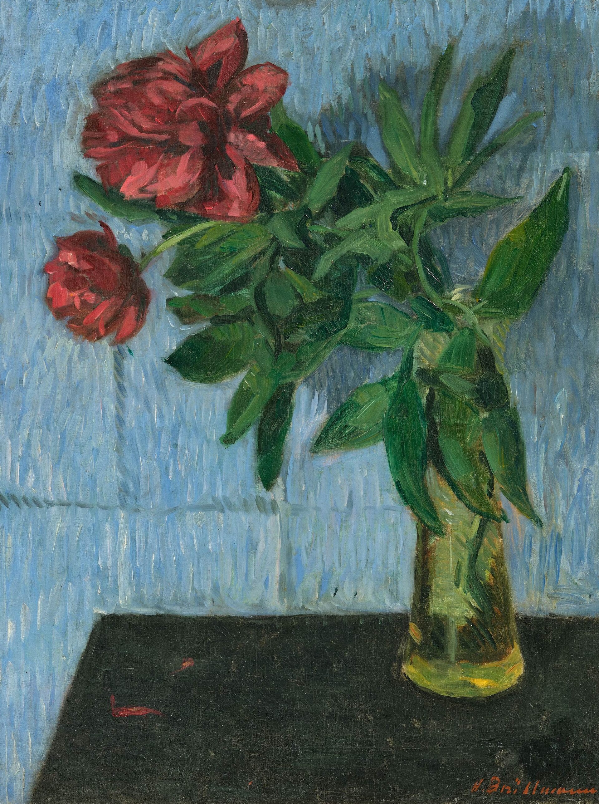 Pivoines sur fond bleu par Hans Brühlmann, peinture de pivoines