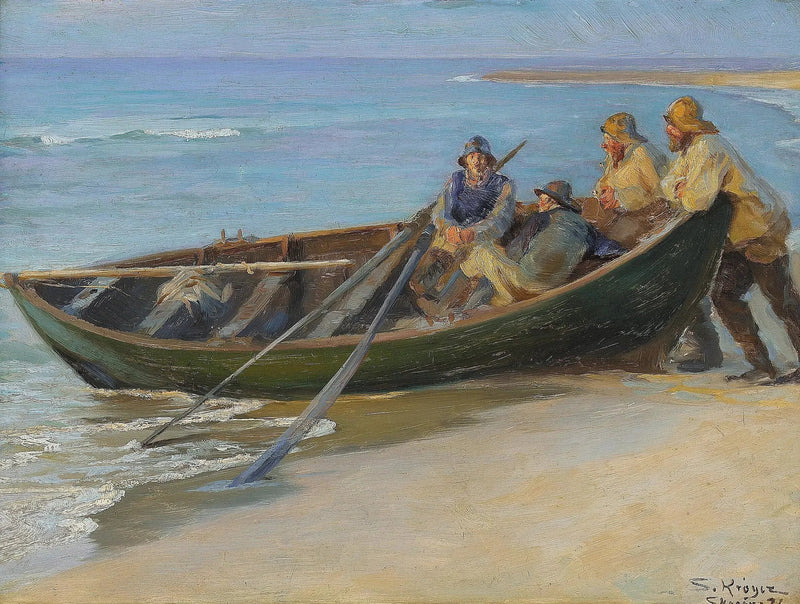 Pohjoisranta Skagenissa. Vihreä vene veden äärellä. Kaksi kalastajaa istuu veneessä, nojaten laitoihin. Sisällä on kalastustikku ja kaksi airoa. - Peder Severin Krøyer