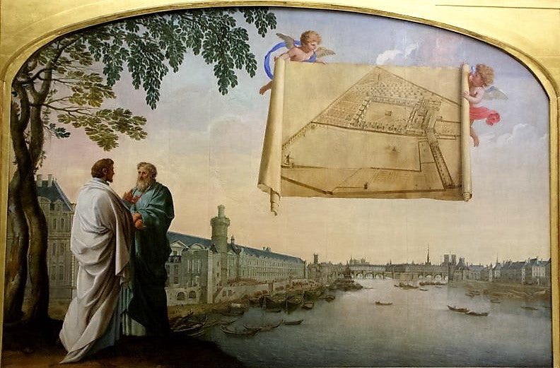 Pariisin Chartreusen suunnitelma, jota kannattelevat kaksi enkeliä - Eustache Le Sueur