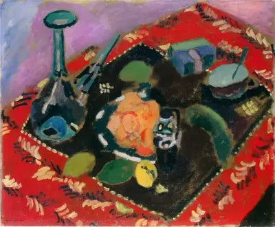 Astiat ja hedelmät punaisella ja mustalla matolla (Punainen matto) - Henri Matisse