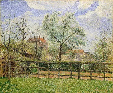 Kukkivat päärynäpuut Eragnyssä, aamu - Camille Pissarro