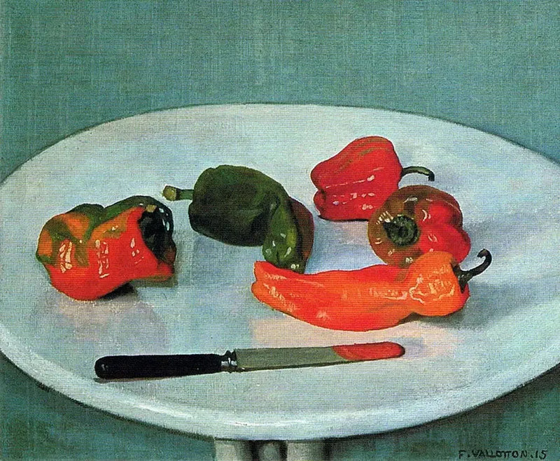 Punaiset paprikat pyöreällä pöydällä, valkoisella lakatulla - Félix Vallotton