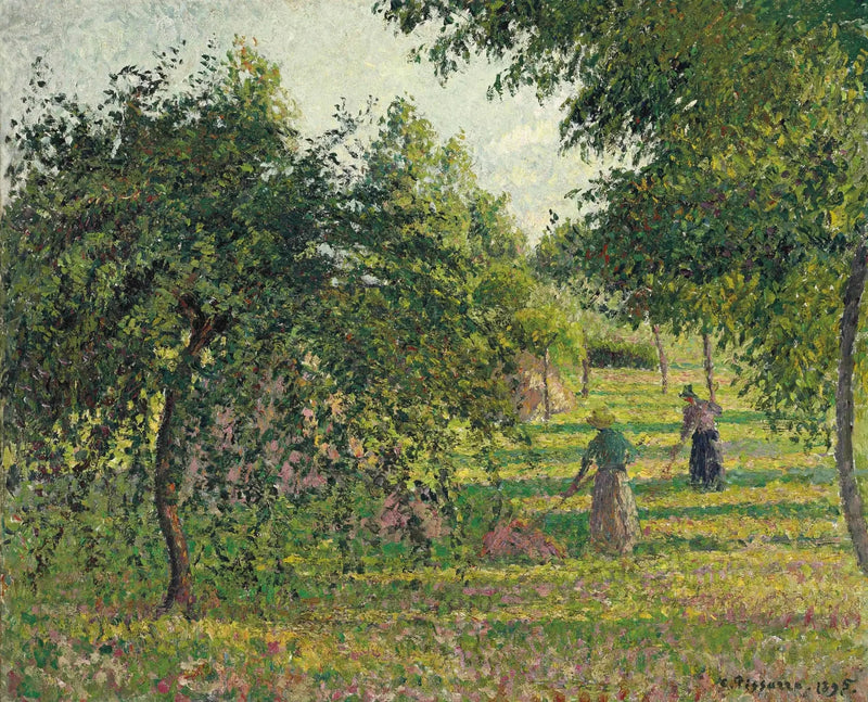 Omenapuut ja maalaistyttö niittämässä heinää, Éragny - Camille Pissarro