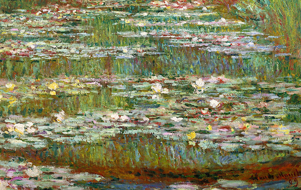 Détail des nymphéas et des reflets dans Le Pont sur le bassin aux nymphéas W1518