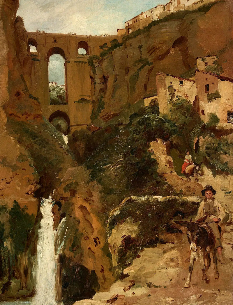 Silta yli kallioluolien rotkon. Kaksi ratsastajaa. Ronda, Espanja. - Peder Severin Krøyer