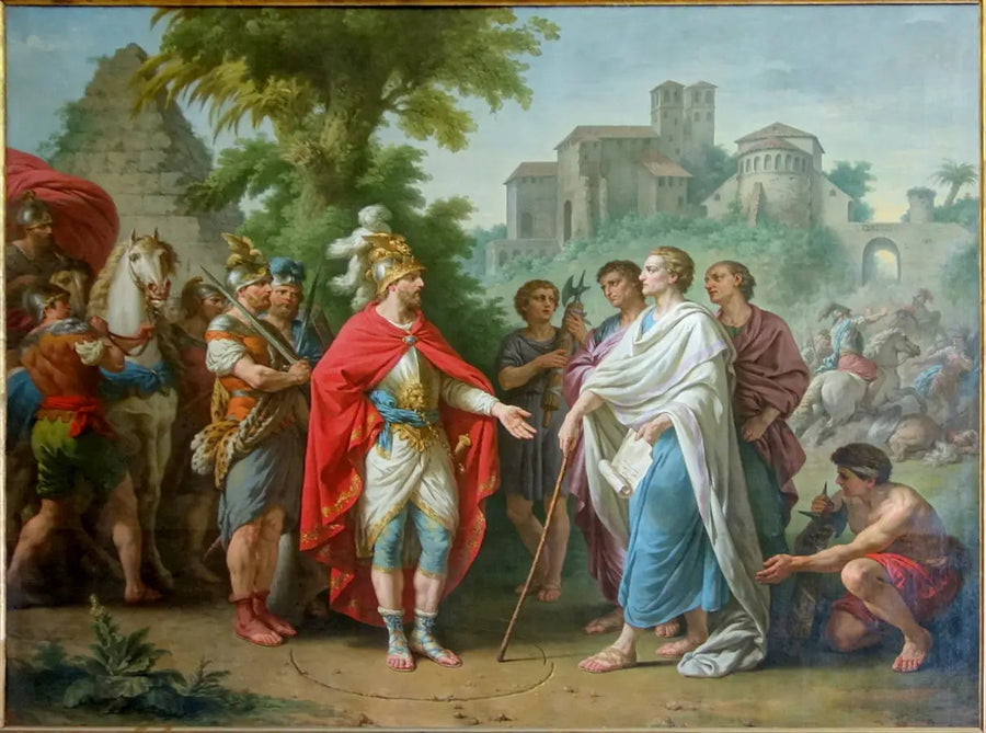 Popilius lähetettiin lähettiläänä Antiochus Epiphanelle pysäyttämään hänen tuhojaan Egyptissä - Louis Jean François Lagrenée