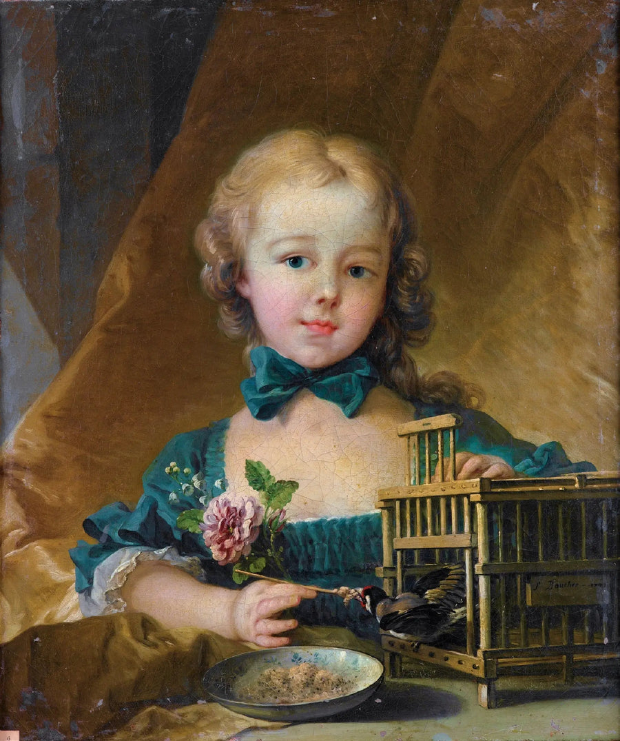 Alexandrine Le Normant d'Étiollesin muotokuva, joka leikkii keltasirkun kanssa - François Boucher