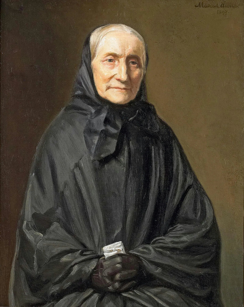 Muotokuva Ane Hedvig Bröndumista mustassa mekossa, istumassa kädet ristissä. -Michael Peter Ancher