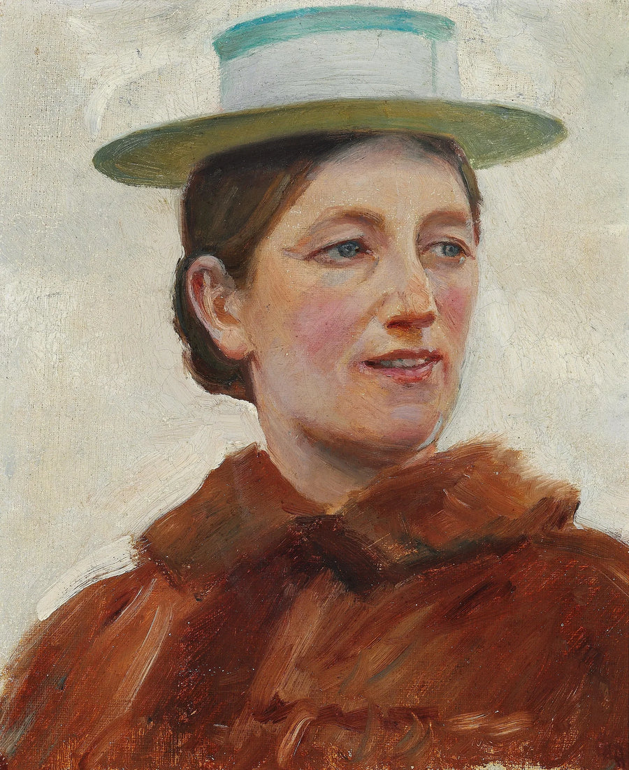 Muotokuva Anna Ancherista vihreäraidallisessa olkihatussa. -Michael Peter Ancher