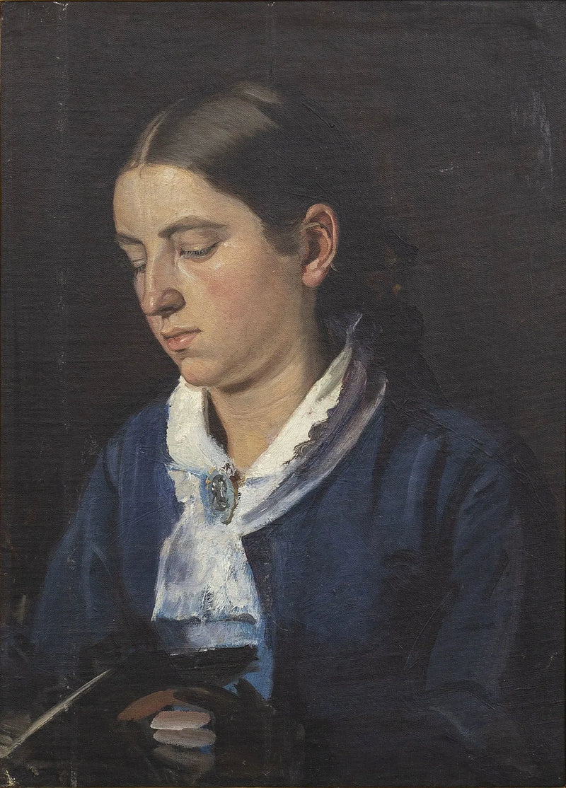 Muotokuva Anna Brendumista sinisessä mekossa lukemassa. -Michael Peter Ancher