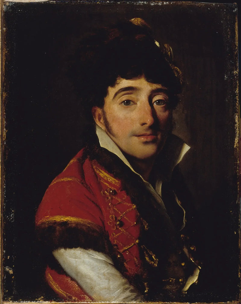 Näkymä näyttelijästä, punaisessa turkiskauluksisessa takissa - Louis-Léopold Boilly