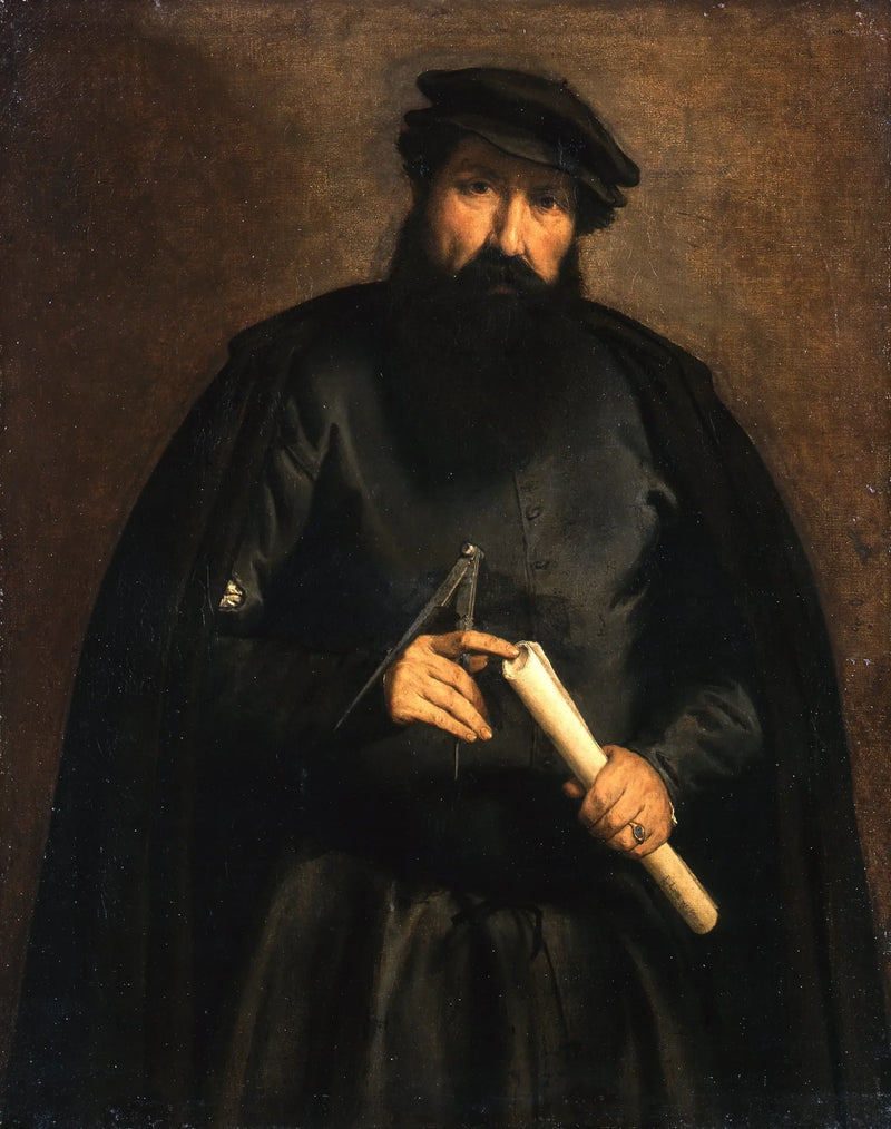 Miehen muotokuva ympyrän ja paperirullan kanssa - Lorenzo Lotto