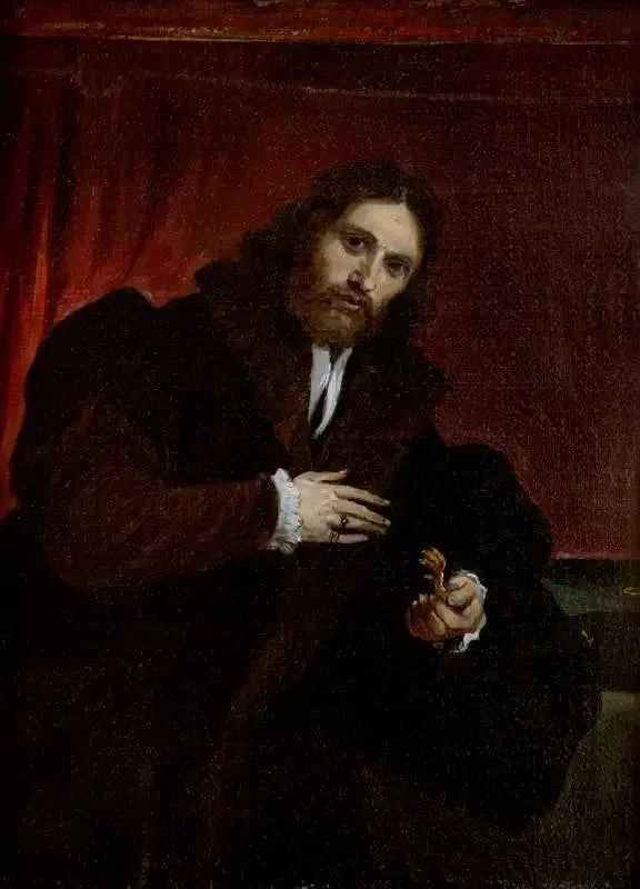 Muotokuva miehestä karvahatulla takilla, joka pitää leijonan kynää (mukaelma Lorenzo Lotto) - David Teniers nuorempi