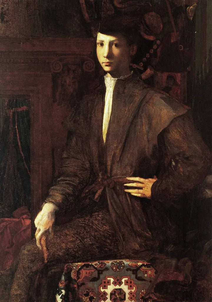 Nuoren miehen muotokuva istumassa matolla - Rosso Fiorentino