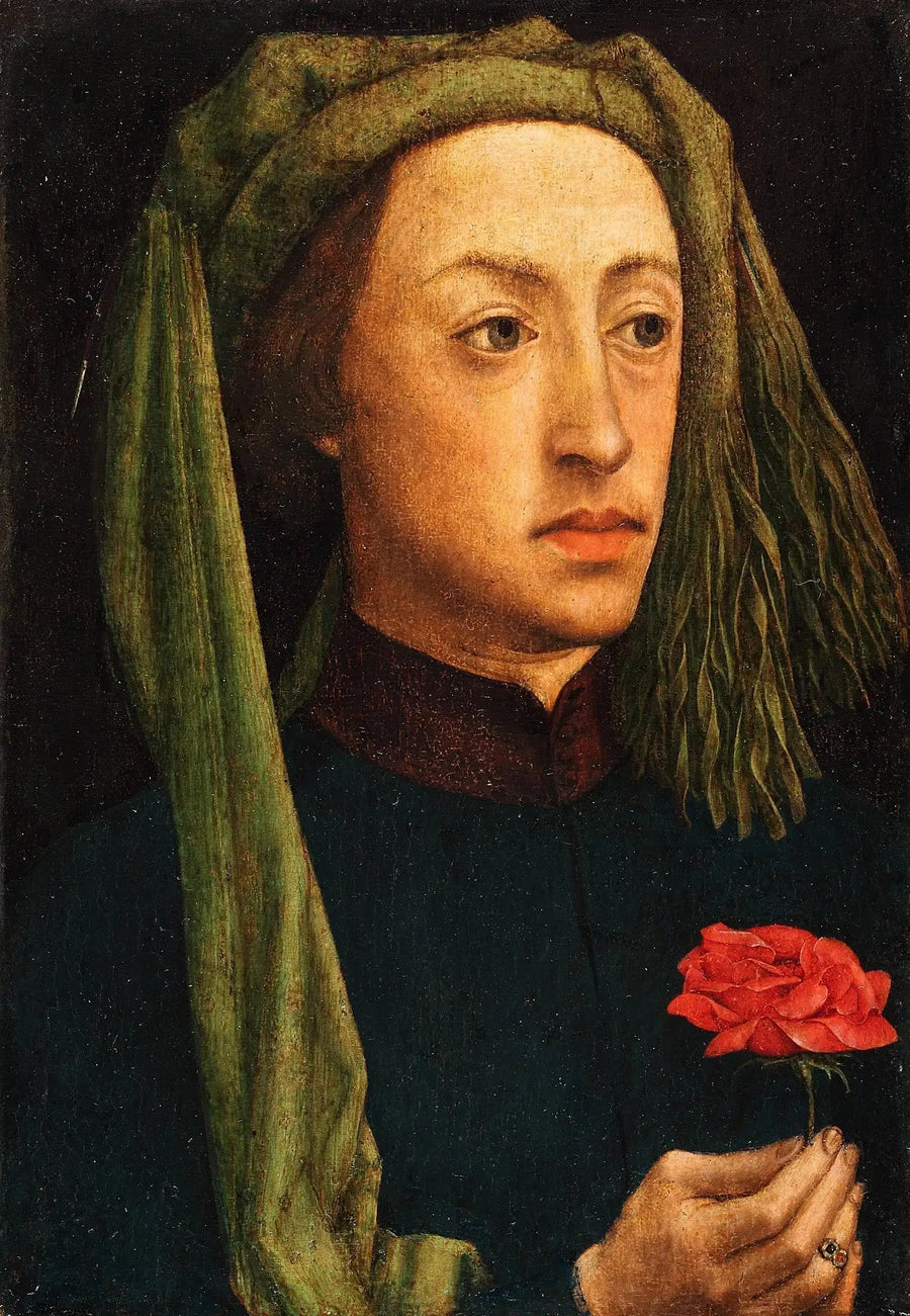 Nuoren miehen muotokuva, joka pitää punainen ruusu - Jan van Eyck