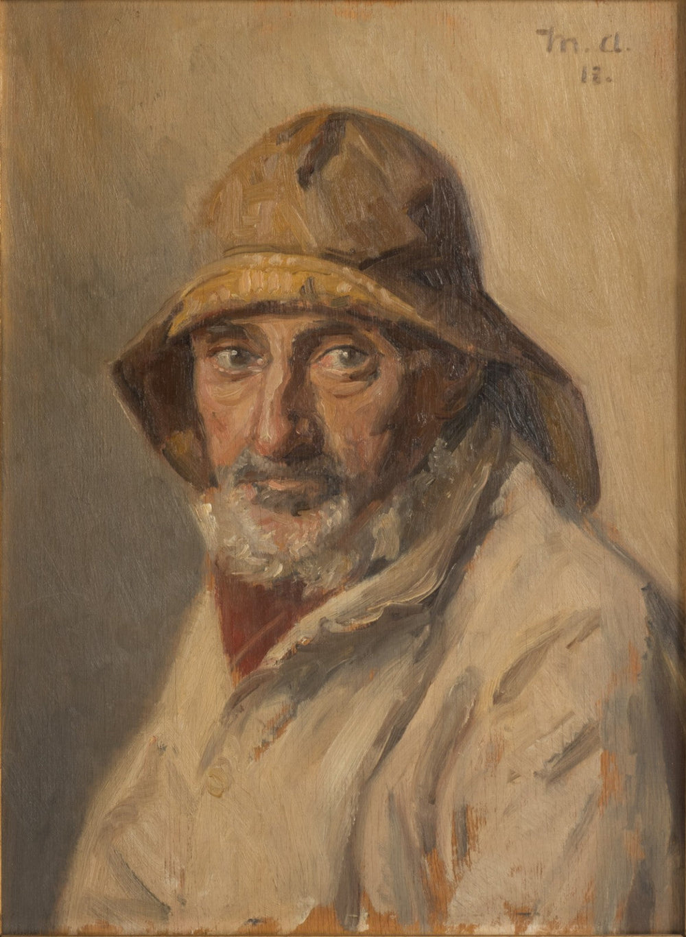 Muotokuva kalastajasta öljynahkapuvussa. -Michael Peter Ancher