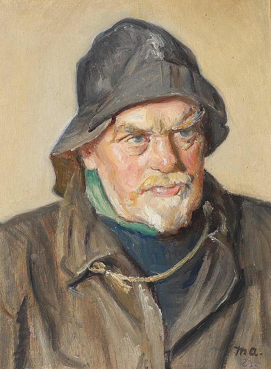 Muotokuva kalastajasta öljynahkapuvussa. -Michael Peter Ancher