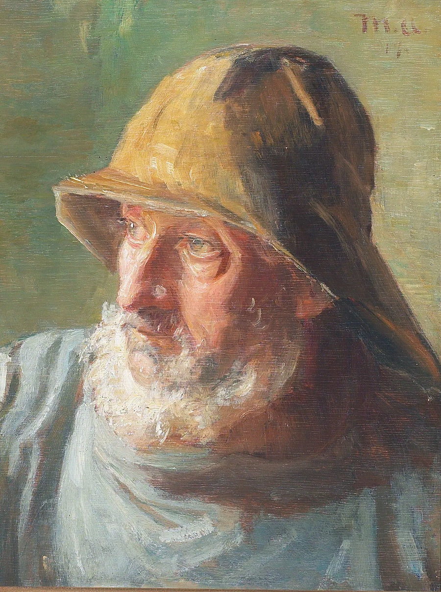 Muotokuva kalastajasta öljynahkapuvussa. -Michael Peter Ancher