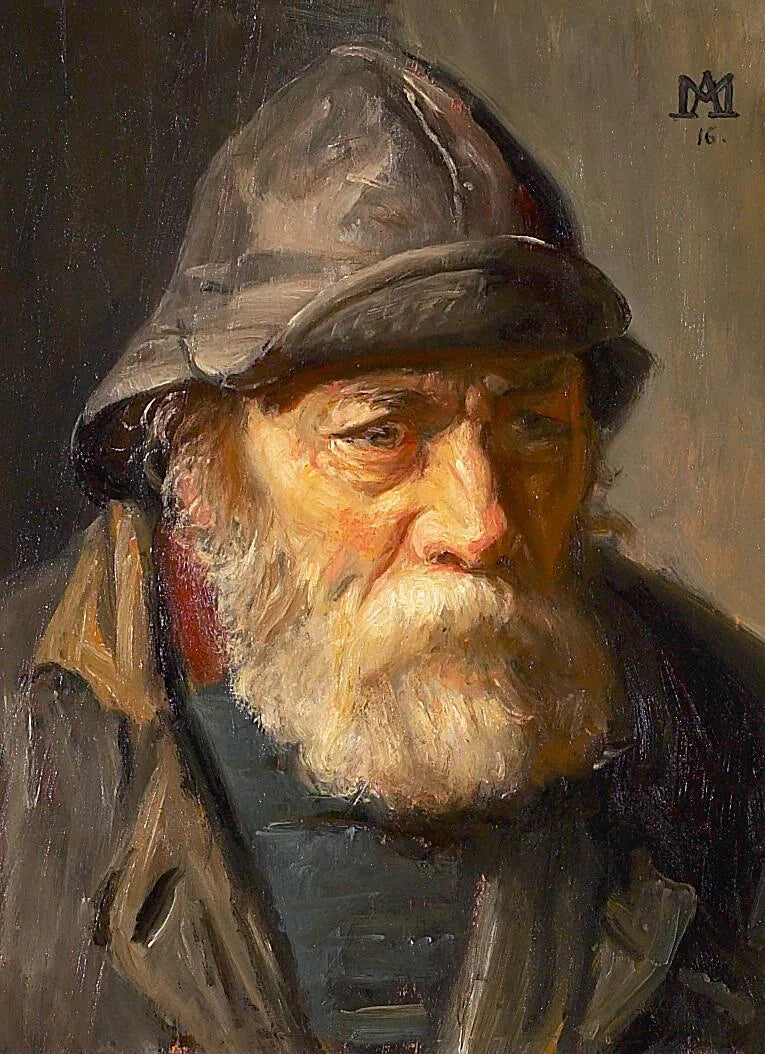 Muotokuva kalastajasta öljynahkapuvussa. -Michael Peter Ancher