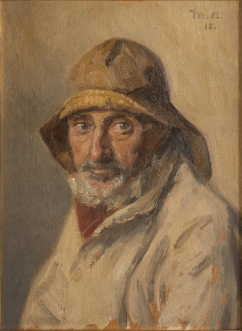 Muotokuva kalastajasta öljynahkapuvussa. -Michael Peter Ancher