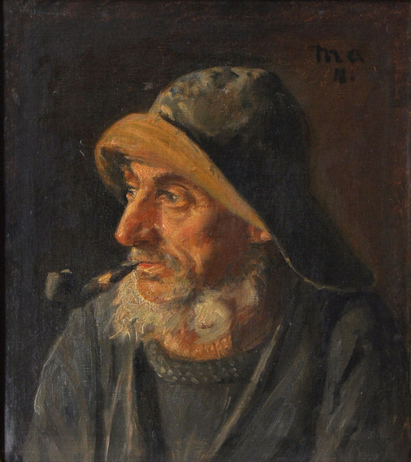 Muotokuva kalastajasta öljynahkapuvussa. -Michael Peter Ancher