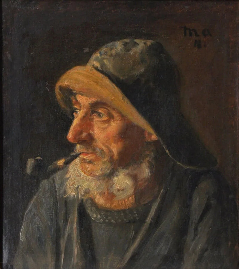 Muotokuva kalastajasta öljynahkapuvussa. -Michael Peter Ancher