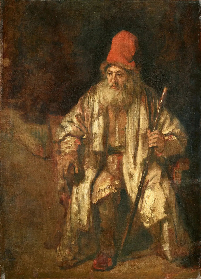 Vanhan miehen muotokuva istumassa punainen hattu päässään - Rembrandt