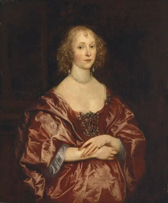 Muotokuva naisesta, puolivartalokuva, punaisessa mekossa, jossa on helmiä ja timantteja - Antoine van Dyck