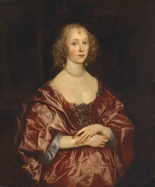 Muotokuva naisesta, puolivartalokuva, punaisessa mekossa, jossa on helmiä ja timantteja - Antoine van Dyck