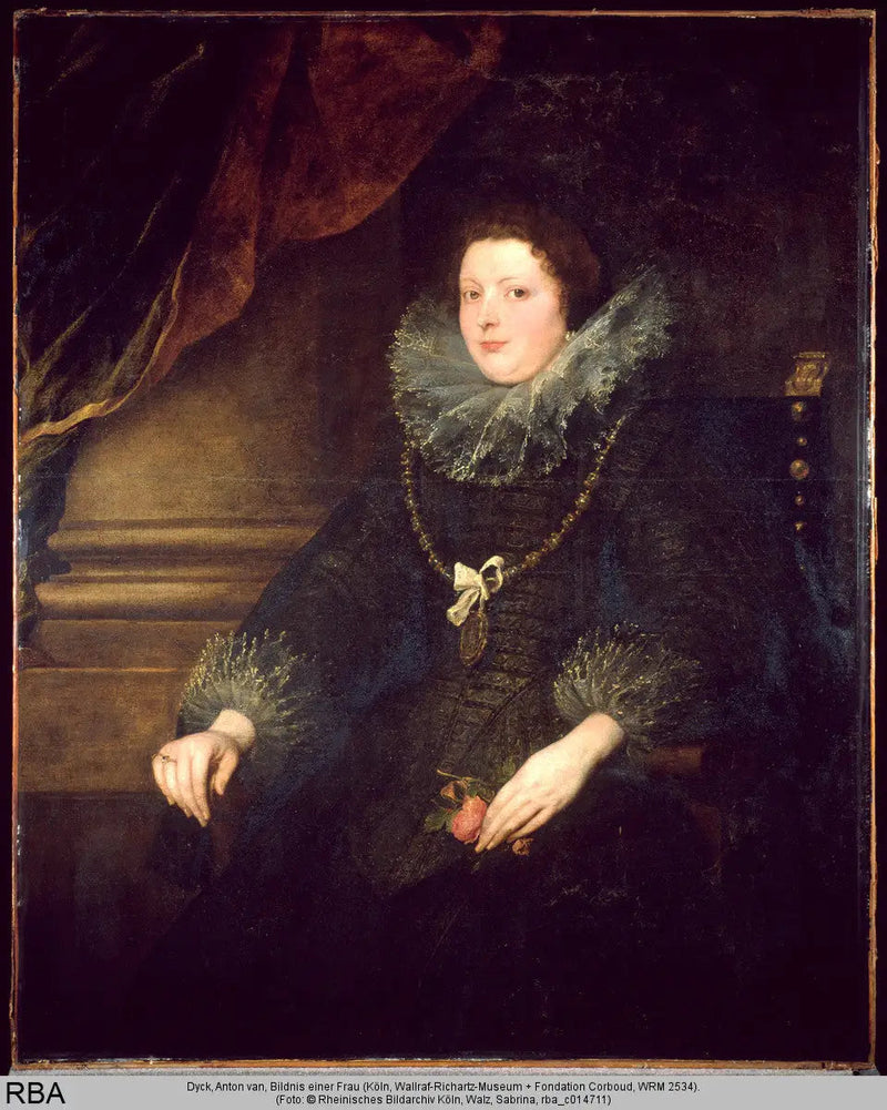 Naisen muotokuva istumassa ruusujen kanssa, jossa on rintaneula - Antoine van Dyck