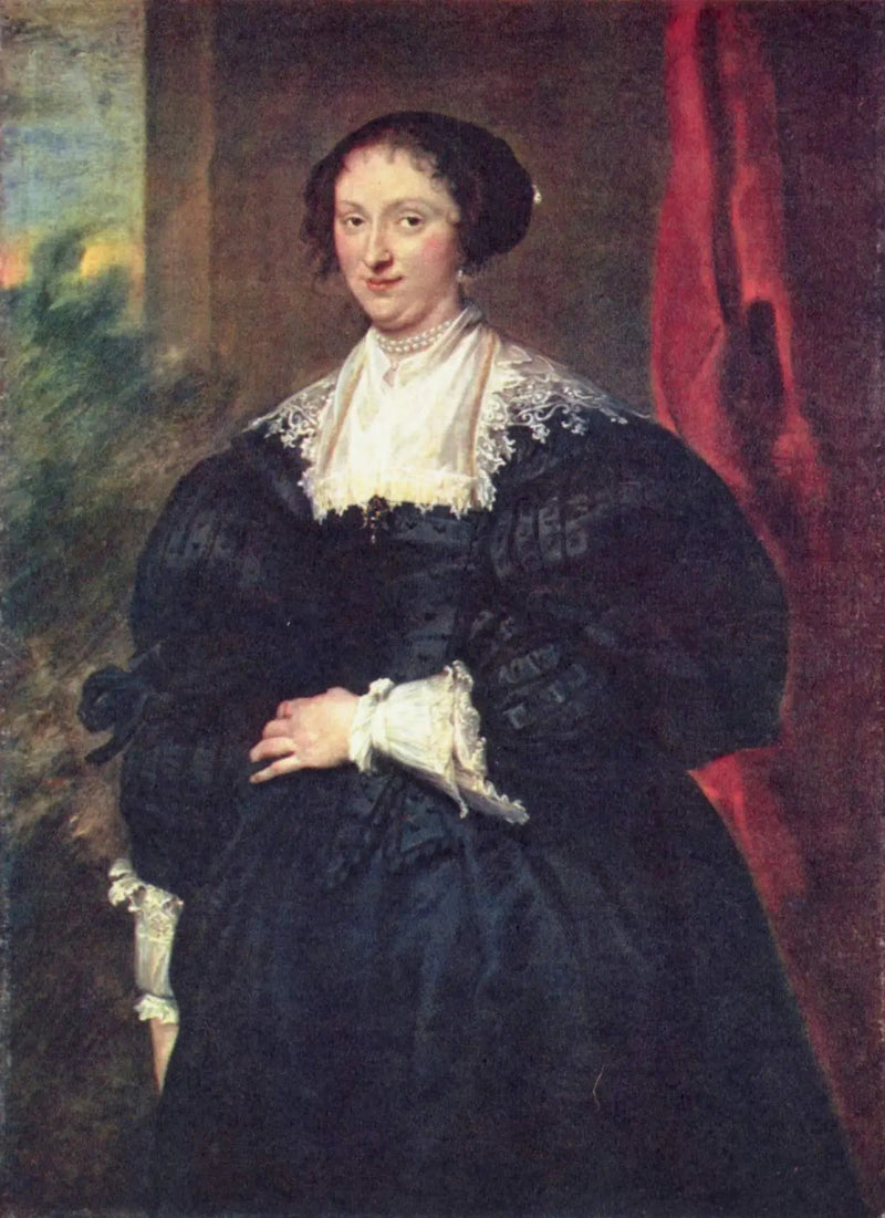 Naisen muotokuva mustalla taustalla punaisen verhon edessä - Antoine van Dyck