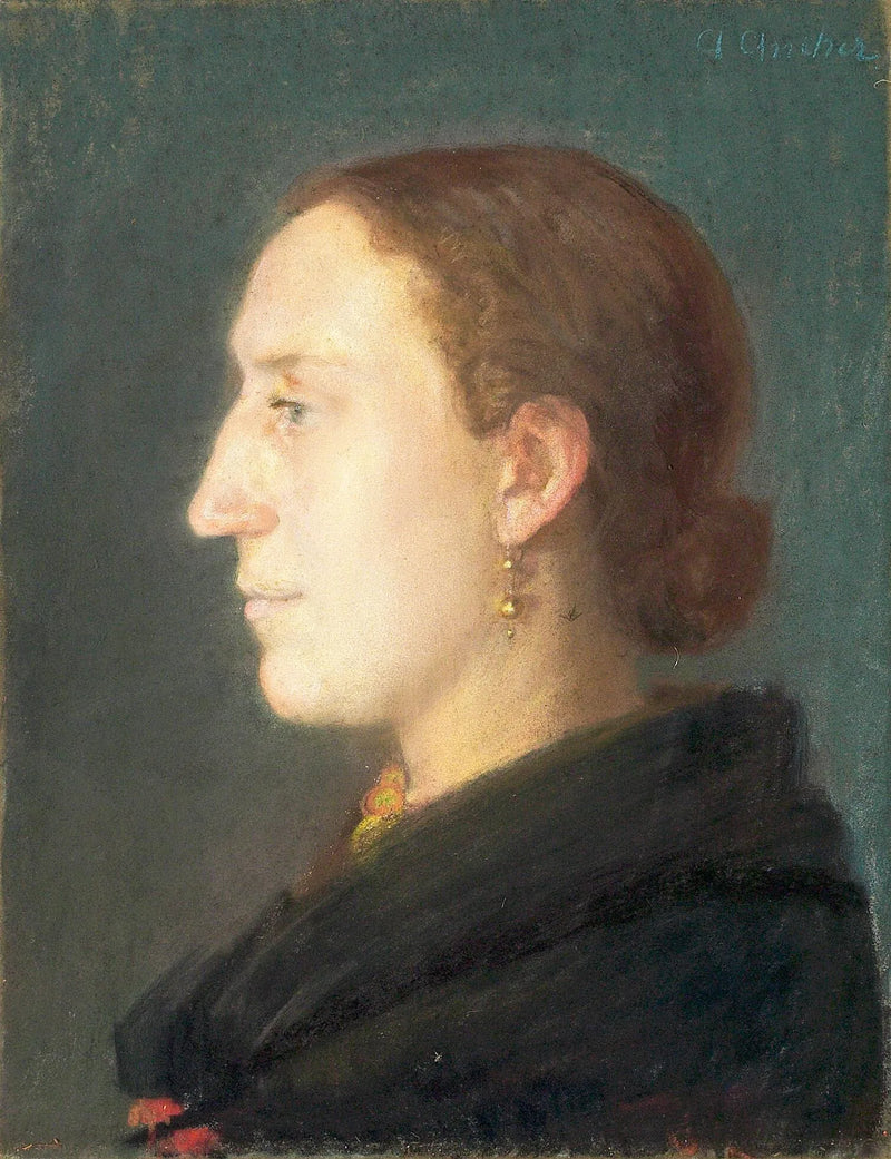 Istuvan naisen muotokuva kasvot eteenpäin, kääntyneenä oikealle. - Anna Ancher