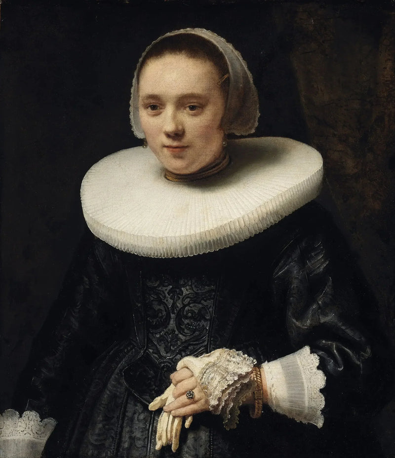 Muotokuva naisesta hansikkaat kädessä - Rembrandt