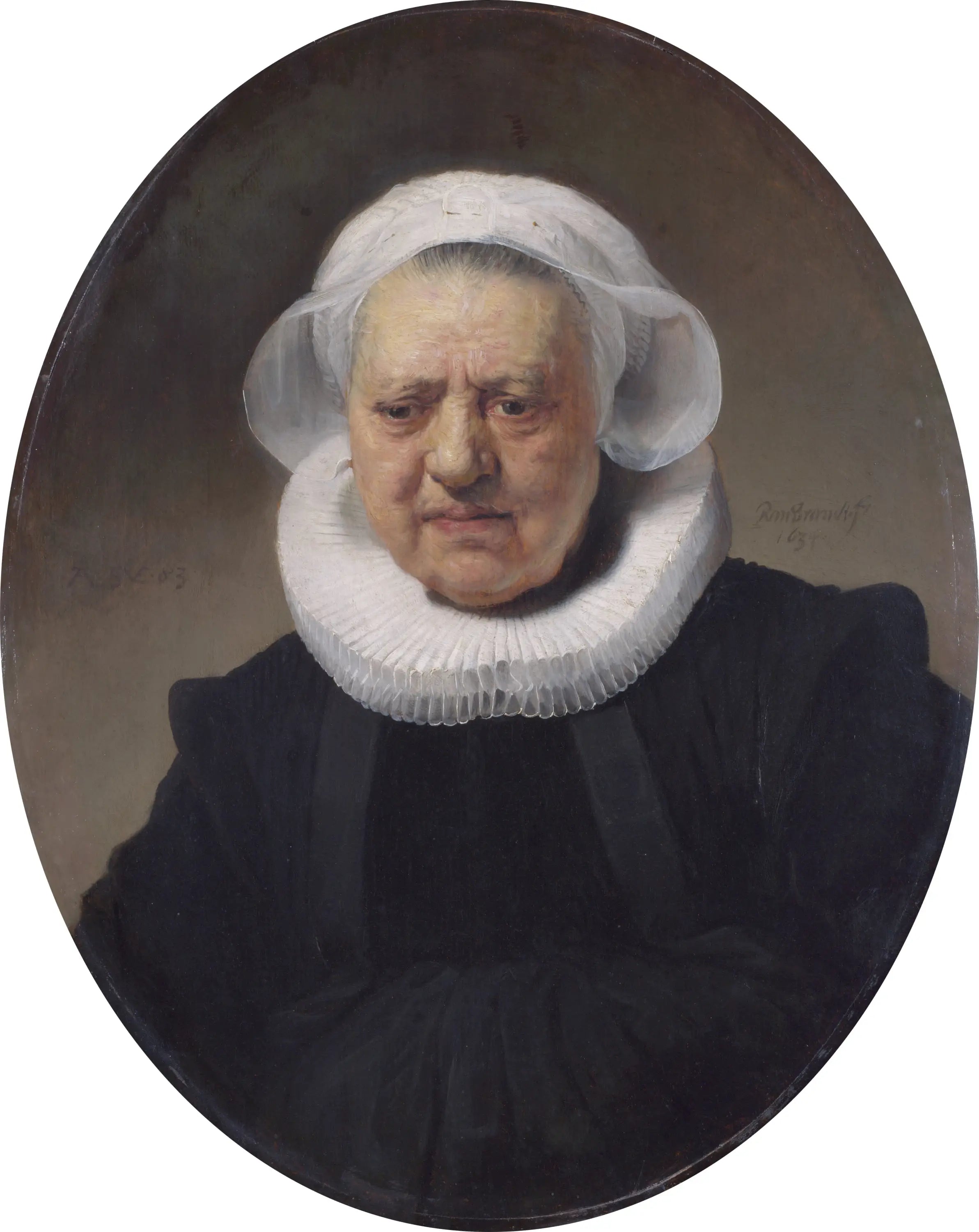 Portrait d'une femme de 83 ans (peut-être Aechje Claesdr, mère de Dirck Jansz Pesser) - Rembrandt image 1 reproduction artisanale de tableau