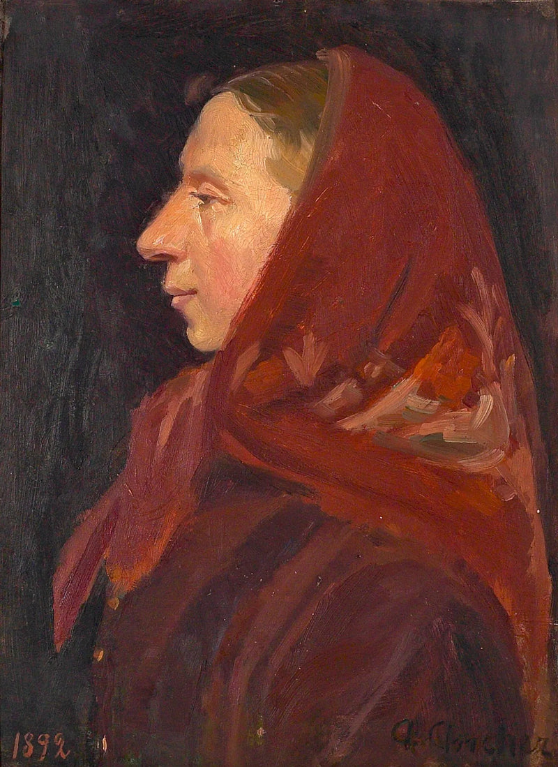 Muotokuva naisesta, jolla on punainen huivi. - Anna Ancher