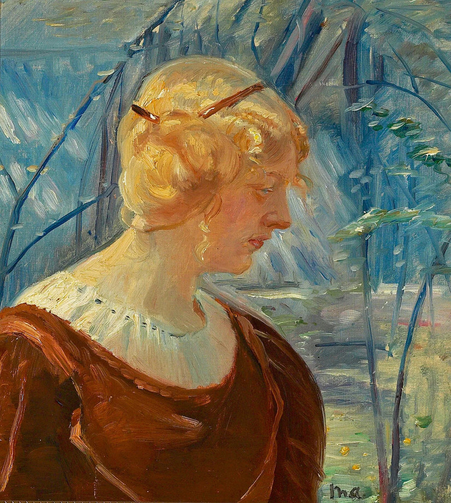 Muotokuva nuoresta vaaleasta naisesta puutarhassa. - Michael Peter Ancher