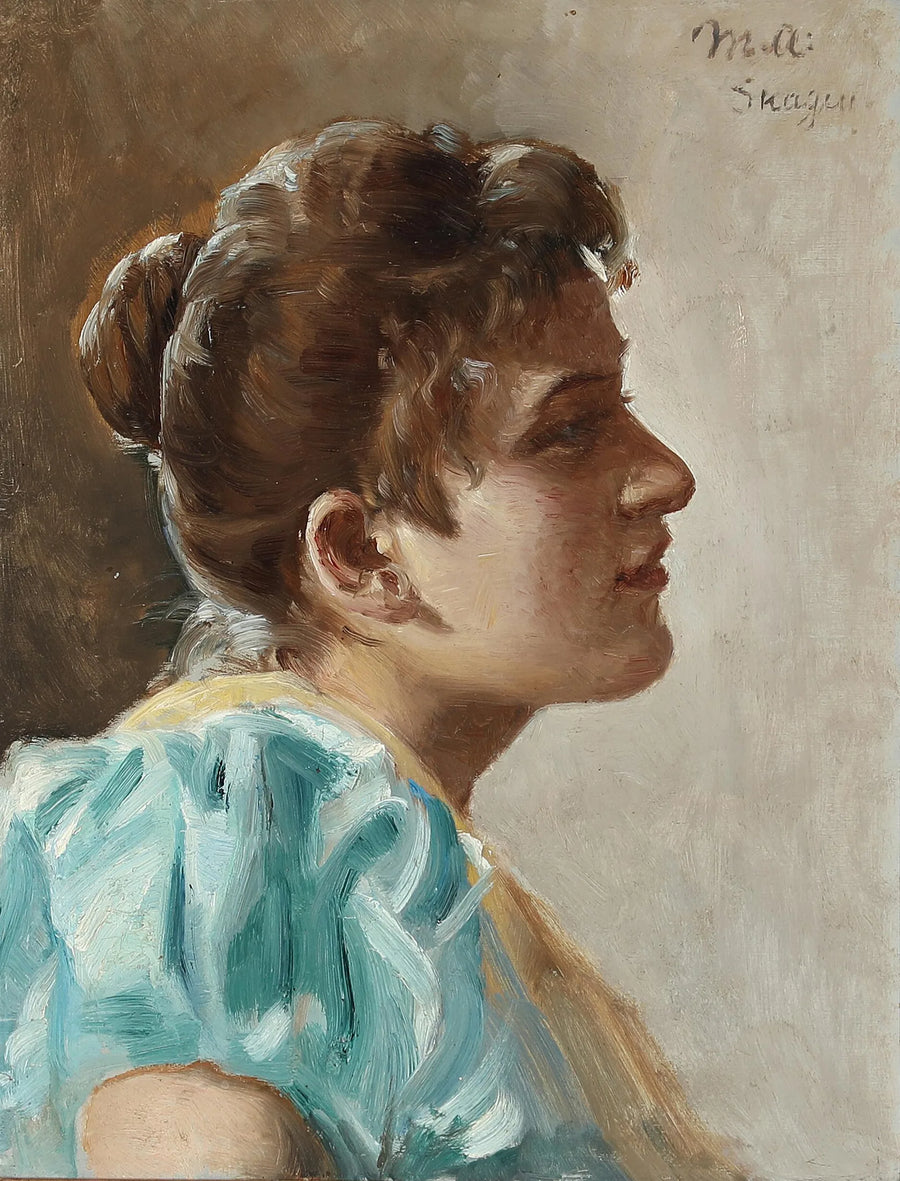 Muotokuva nuoresta naisesta keltaisessa ja turkoosissa mekossa. - Michael Peter Ancher