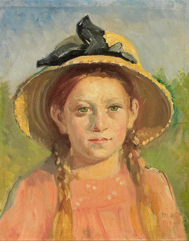 Muotokuva nuoresta tytöstä, jolla on letit ja sinisellä nauhalla koristeltu olkihattu. - Michael Peter Ancher